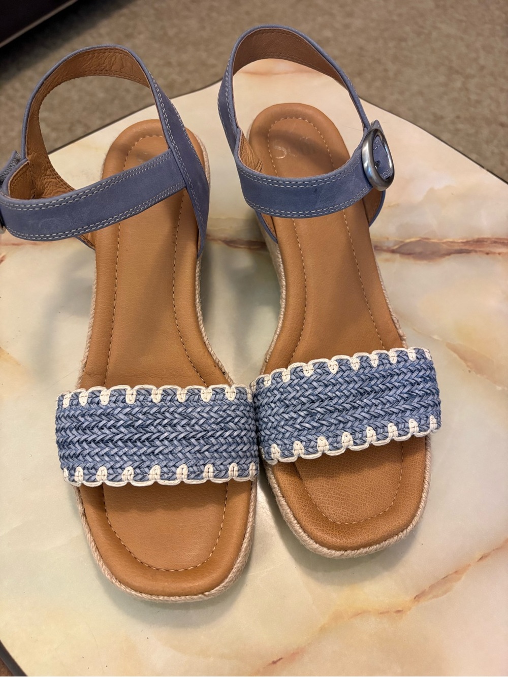 Sofft Inez Blue/White Leather Espadrille Wedge Strap Sandals Womens Sz 11